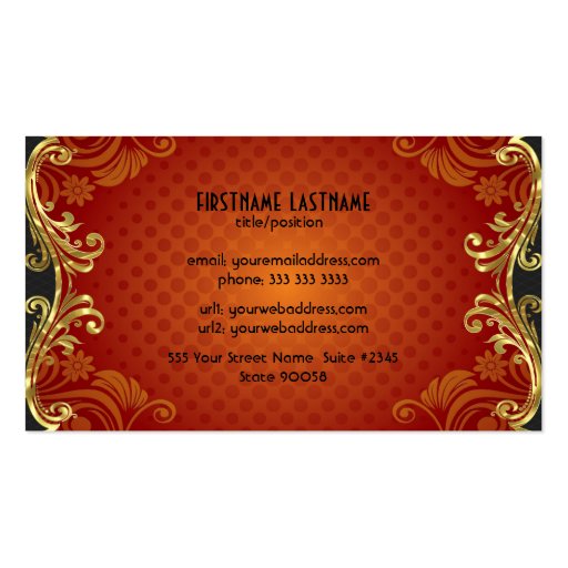 Red Damasks And Gold Leaf Look Business Card (back side)