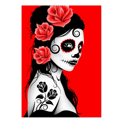 Red Day of the Dead Sugar Skull Girl Business Card Templates (front side)