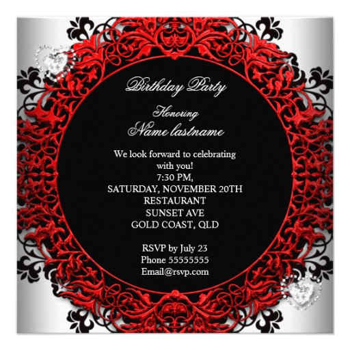 Red Diamond Heart Red Black White Birthday Party Custom Invitations