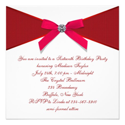 Red Diamond Red Sweet 16 Birthday Party Personalized Invitations