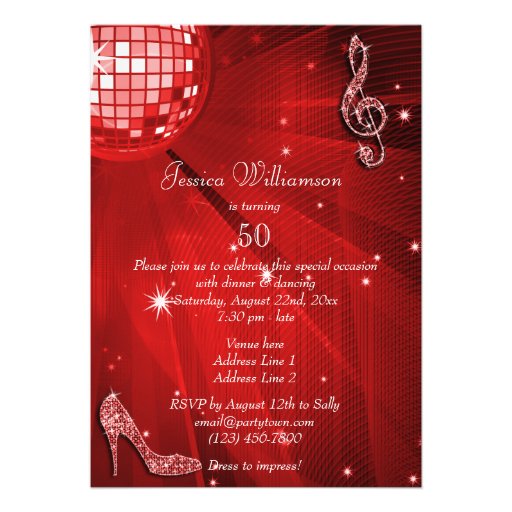 Red Disco Ball and Sparkle Heels 50th Birthday Personalized Invite