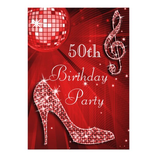 Red Disco Ball and Sparkle Heels 50th Birthday Personalized Invite