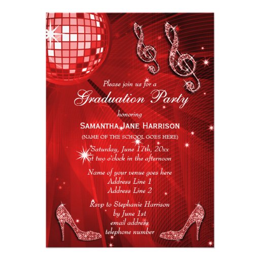 Red Disco Ball Sparkle Heels Graduation Announcement