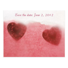 red doily hearts on pink save the date postcard
