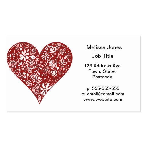 Red Doodle Heart Business Card Templates (front side)