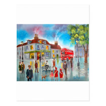 Red double decker bus street scene painting postcards