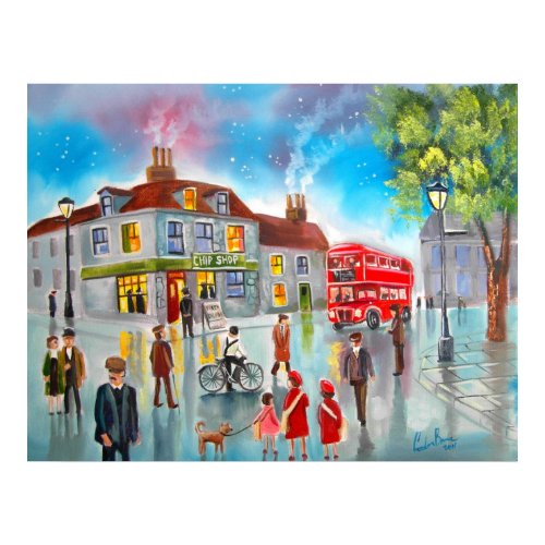 Red double decker bus street scene painting print
