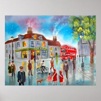 Red double decker bus street scene painting posters