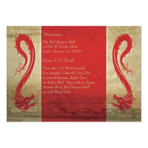 Red Dragon Wedding  Reception Card and Directions Business Card Templates (back side)