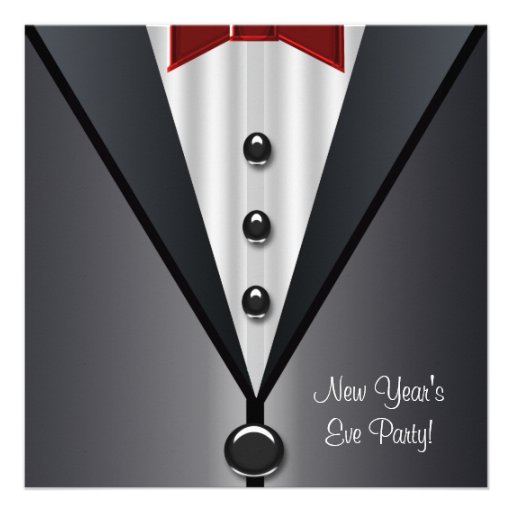 Red Dress Black Tuxedo New Years Eve Party Personalized Announcements (front side)
