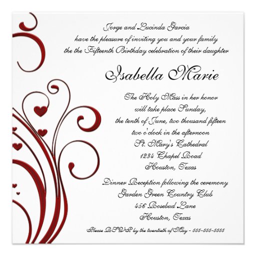 Red Dress Heart Swirls Elegant White Quinceanera Announcements