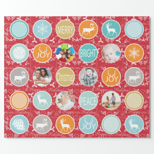 Red Family Photo Reindeer Christmas Merry Bright Wrapping Paper 1/4