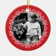 Red Fancy Swirls Photo Frame Double-Sided Ceramic Round Christmas Ornament
