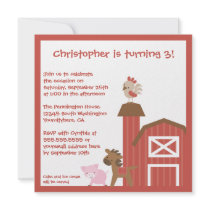 Red farm animals boy's birthday party invitation