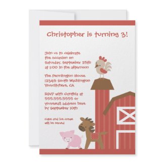 Farm Animal Birthday Party on Red Farm Animals Boy S Birthday Party Invitation Invitation