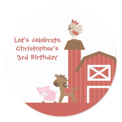 Red farm animals boy's birthday party stickers