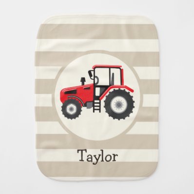 Red Farm Tractor on Tan Stripes Burp Cloth