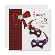 Red Feather Masks Sweet 16 Maquerade Party invitation