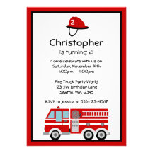 Red Fire Engine and Hat Birthday Party Invitations