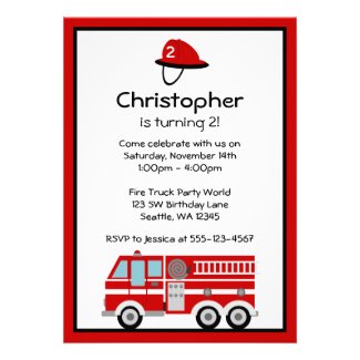 Red Fire Engine and Hat Birthday Party Invitations