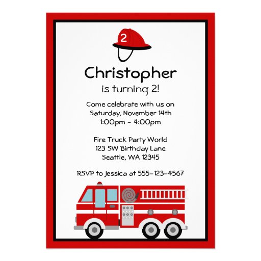 Red Fire Engine and Hat Birthday Party Invitations