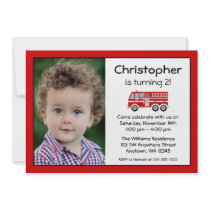 Red Fire Engine Birthday Party Photo Invitations