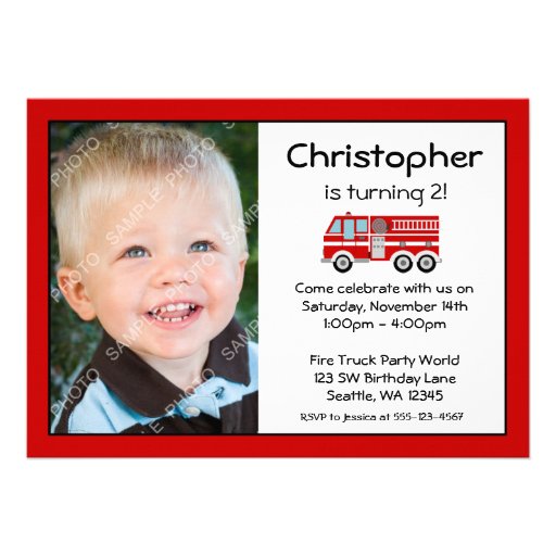 Red Fire Engine Birthday Party Photo Invitations (front side)