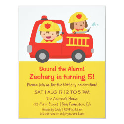 Red Fire Truck and Fire fighter Boy Birthday Party 4.25x5.5 Paper Invitation Card