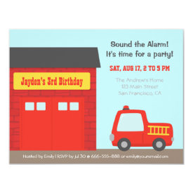 Red Fire Truck and Station Boys Birthday Party 4.25x5.5 Paper Invitation Card