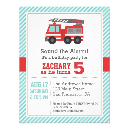 Red Fire Truck Birthday Party Invitation Announcement