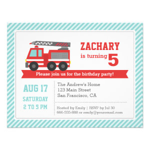 Red Fire Truck Boy Birthday Party Invitation Announcement