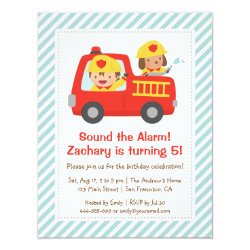 Red Fire Truck Fighter Boy and Dog Birthday Party 4.25x5.5 Paper Invitation Card