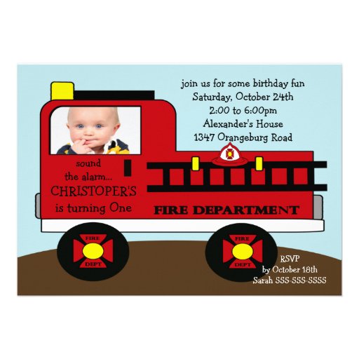 Red Fire Truck Photo Birthday Party Custom Invites