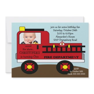 Red Fire Truck Photo Birthday Party invitation