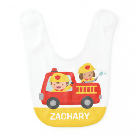 Red Fire Truck with Fire fighter Boy and Dog Bibs