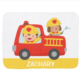 Red Fire Truck with Fire fighter Boy and Dog Baby Blankets