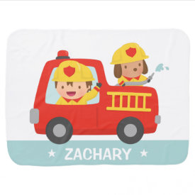 Red Fire Truck with Fire fighter Boy and Dog Swaddle Blanket