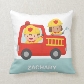 Red Fire Truck with Fire fighter Boys Room Decor Throw Pillows