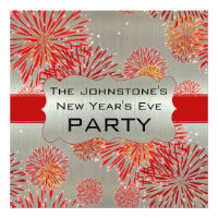 Red Fireworks on Silver New Year's Eve Party Personalized Invite