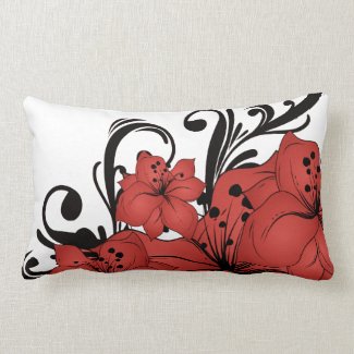 Red Floral Black Scrolls Throw Pillow