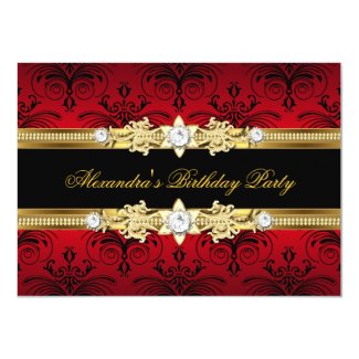 Red Floral Gold Black Women's Birthday Party 4.5x6.25 Paper Invitation Card