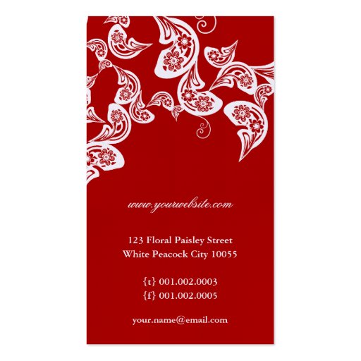 Red Floral Paisley Peacock Stylish Chic Elegant Business Card Template (back side)
