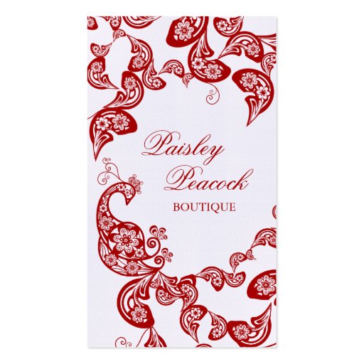 Red Floral Paisley Peacock Stylish Chic Elegant Business Card Template (front side)