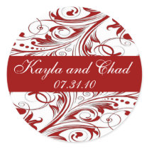 Red Flourish Monogram Round Sticker