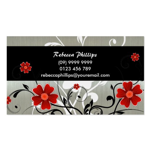 Red Flowers and Silhouette on Silver Business Card (back side)