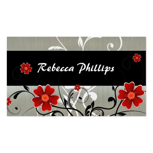 Red Flowers and Silhouette on Silver Business Card (front side)