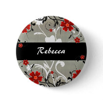 Red Flowers and Silhouette on Silver Button