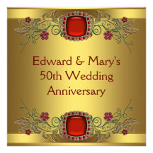 Red Flowers Gold 50th Wedding Anniversary Party Invite