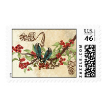 Red Flowers Vintage Love Birds Wedding Stamps