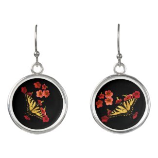 Red Flowers Yellow Butterfly Animal Drop Earrings